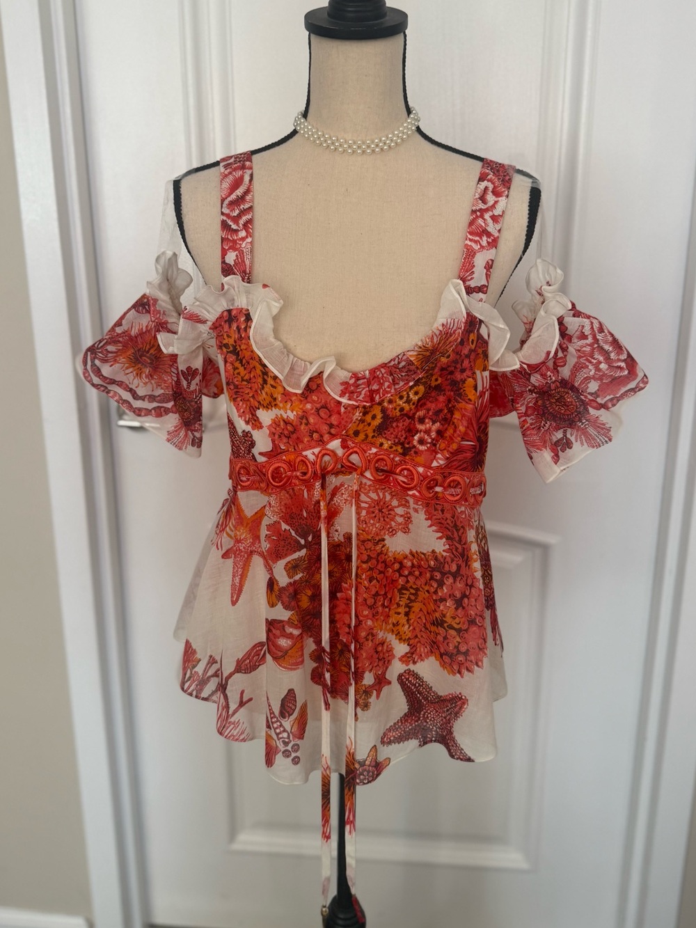 Roberto Cavalli Red and Cream Floral Cold-Shoulder Ruffle Top